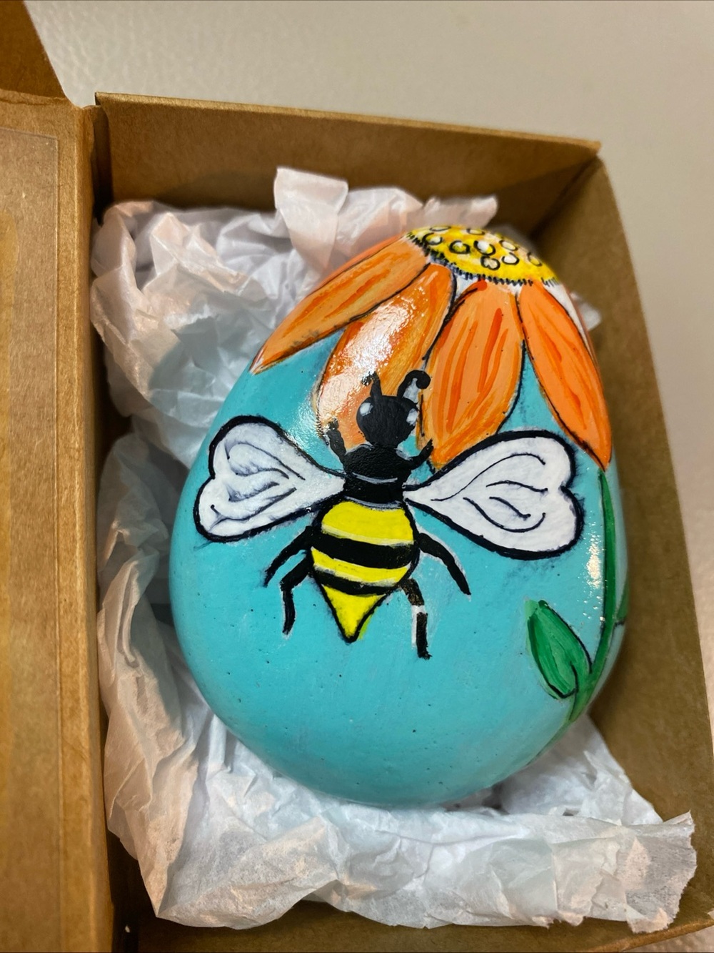 Rock Art Hand-Painted Bee & Flower Decorative Stone